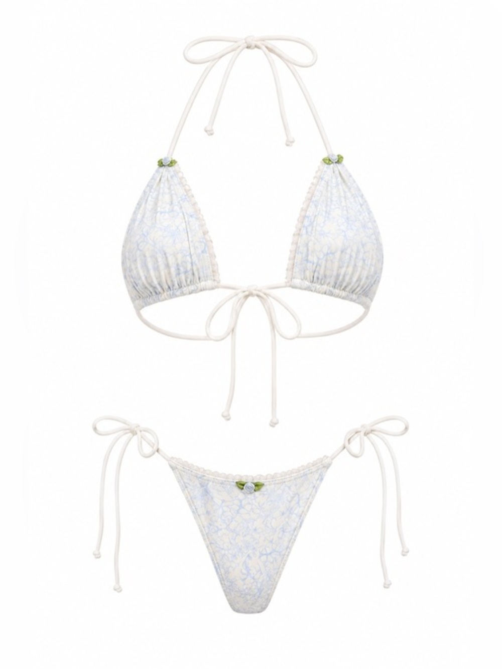 Delicate Blue Floral Tie-Side Triangle Bikini - Women Swim